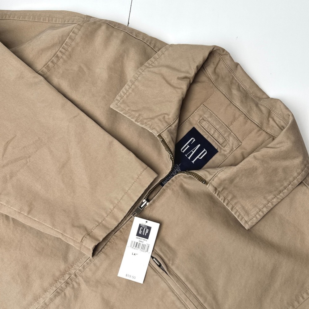 Gap Mens Harrington Jacket Tan Khaki Full Zip Quilted Lined Cotton Large NEW
